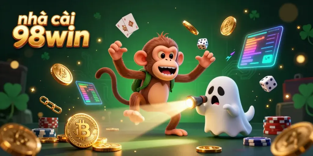 Experience the thrill at nhà cái 98win with a playful poltergeist monkey in a dazzling casino scene.