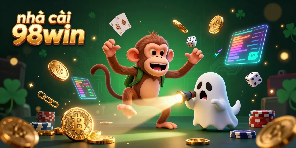 Experience the thrill at nhà cái 98win with a playful poltergeist monkey in a dazzling casino scene.