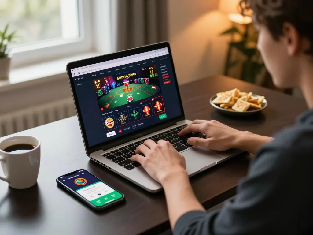 Tic88 player engaging in online poker strategy with laptop at home.