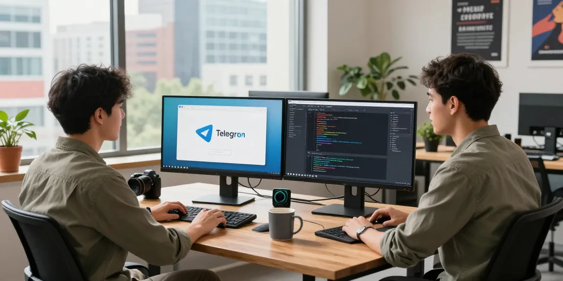 Download Telegram on a modern workspace with developers collaborating over tech innovations.