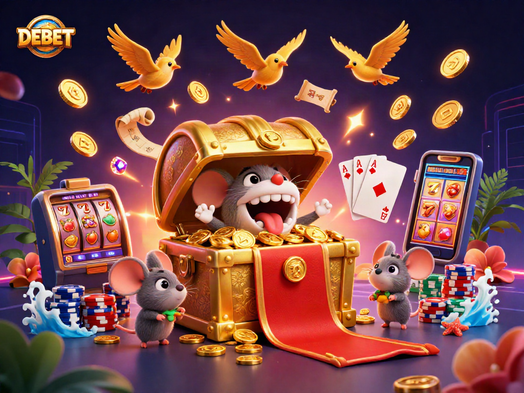 Play exciting slot games with DEBET, featuring golden treasures and vibrant casino elements.