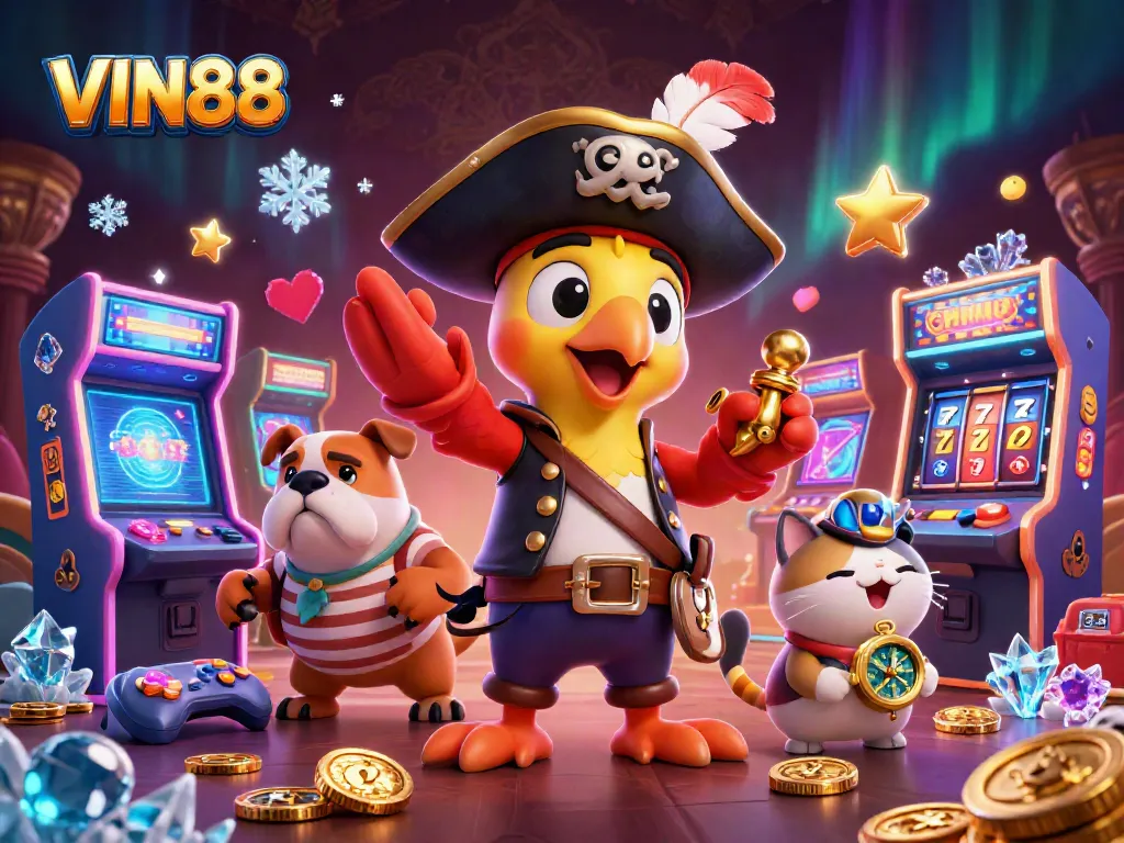 Engage in thrilling games at VIN88 with vibrant casino elements and 3D characters capturing excitement.
