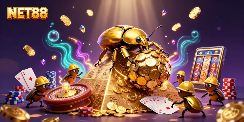 Engage in thrilling gameplay with NET88's colorful casino adventure featuring vibrant symbols and rich textures.