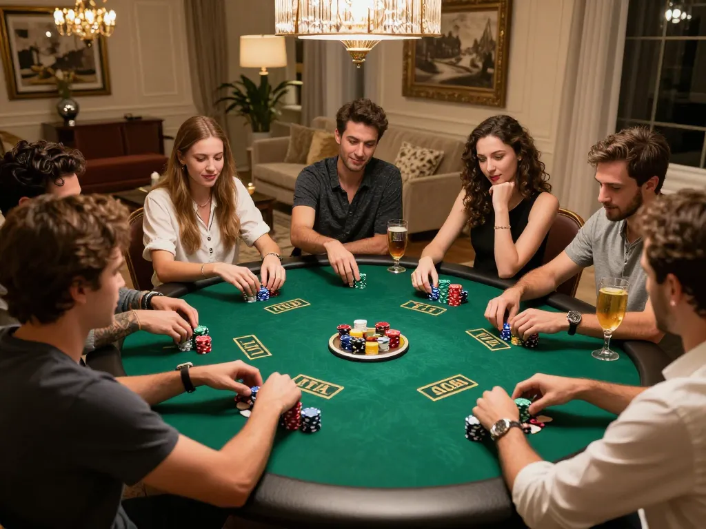 Zbet players engaging in a lively poker game during a friendly home gathering