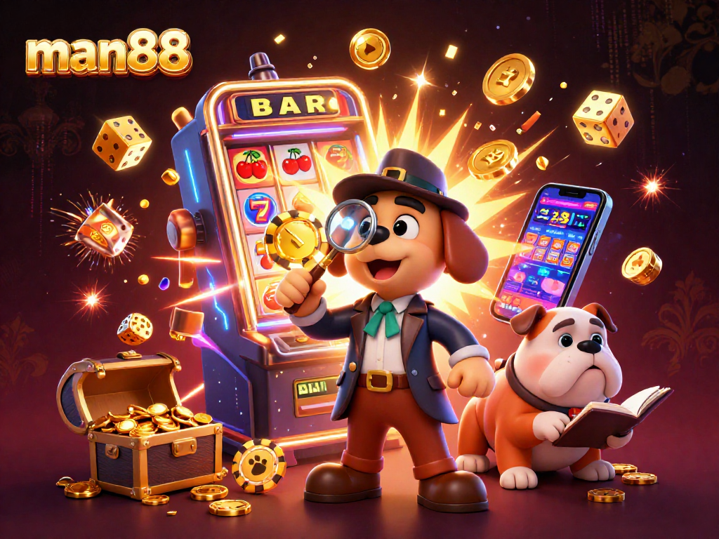 Experience thrilling wins at man88 with a cartoon detective exploring poker clues amidst casino treasures.