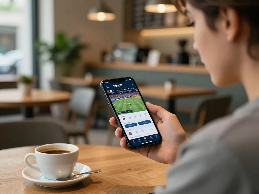 Utilizing Sky88 sports betting platform to manage bets and view odds on a smartphone in a casual setting