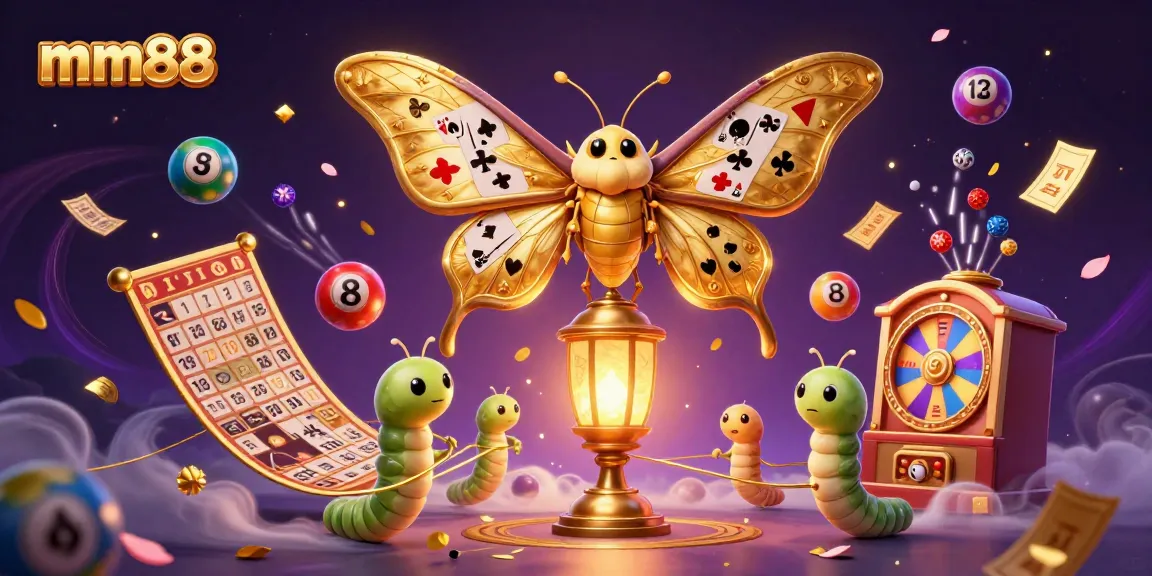 Engage in mm88's vibrant casino scene, featuring a majestic atlas moth and lively lottery elements.