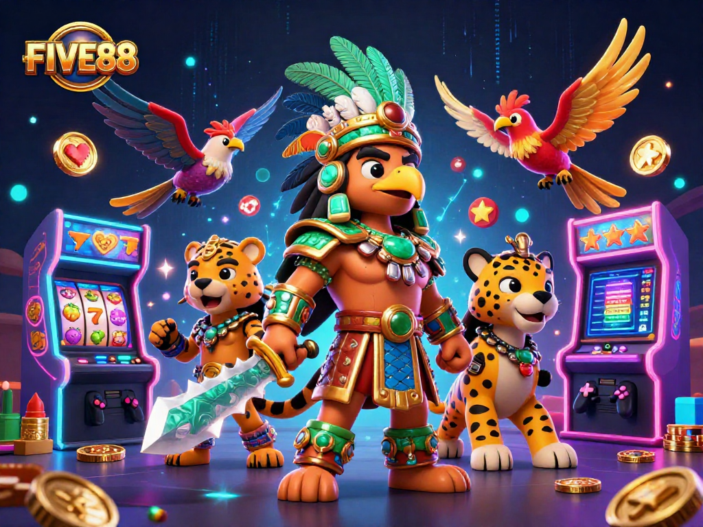Join the excitement with FIVE88 as skilled Aztec warriors engage in vibrant casino gaming adventures.