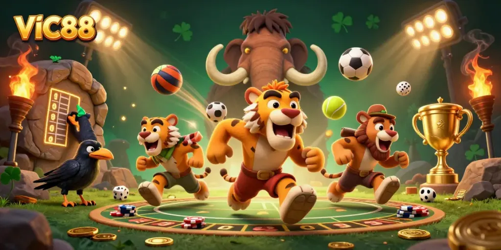 Engage with VIC88 at the prehistoric casino featuring cavemen, sabertooth tigers, and thrilling sports action.
