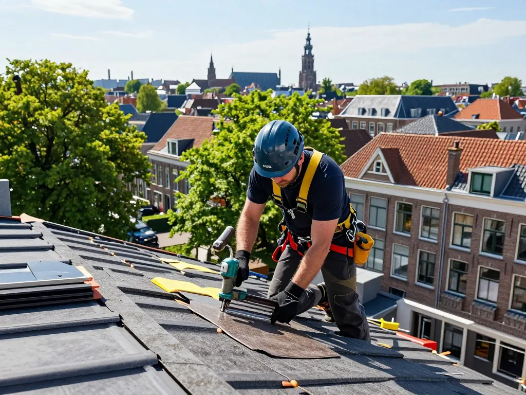 Expert dakdekker Utrecht repareert een residentieel dak met een uitzicht op de skyline van de stad, en toont vakmanschap en veiligheid.