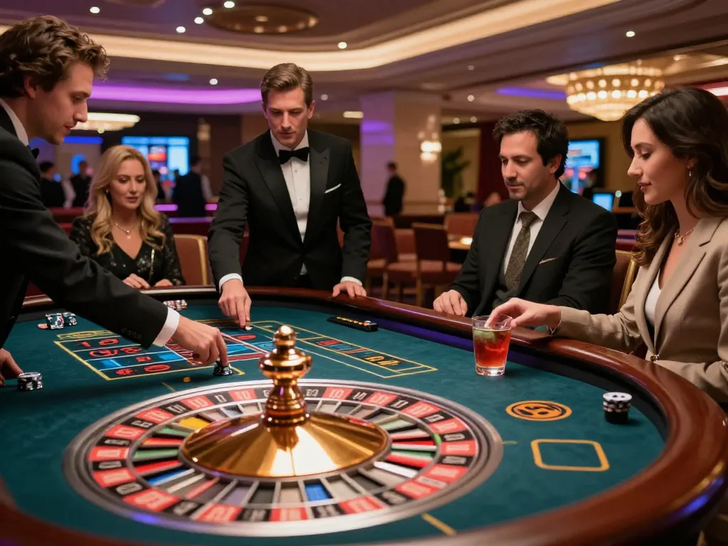 RIKBET players enjoying an exciting roulette game in a luxurious casino setting with vibrant ambiance.