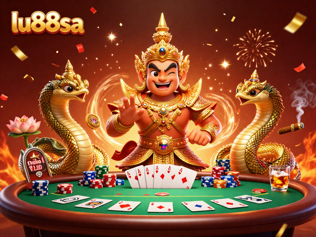 Experience the excitement at lu88sa with vibrant poker action surrounding lively Thai temple guardians.