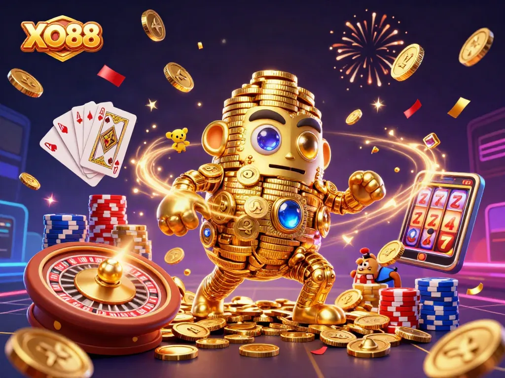 Engage with XO88's immersive gaming world featuring coin-based golem, slots, and vibrant casino elements.