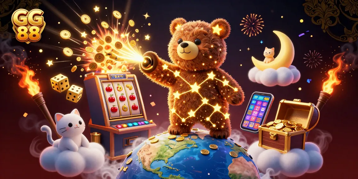 Engaging scene depicting GG 88's magical casino world with a constellation bear, treasures, and dynamic gaming elements.