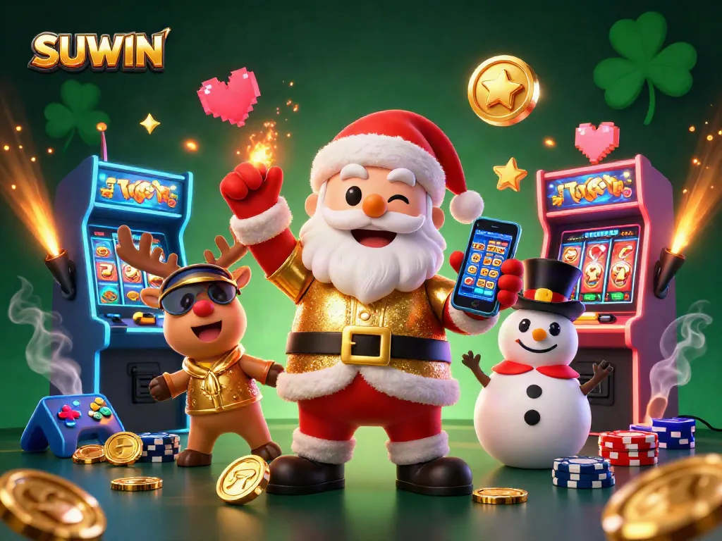 Suwin engages players with vibrant slot machines and festive characters in a casino atmosphere.