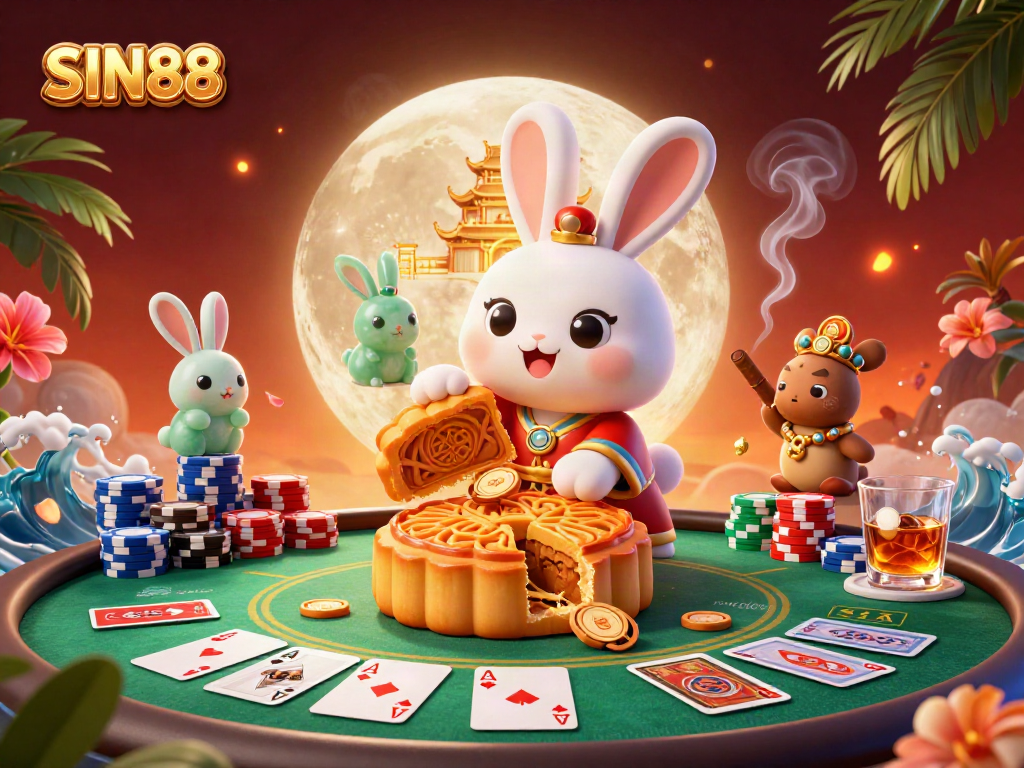 SIN88 enhances your gameplay with vibrant casino action featuring a rabbit pounding mooncakes for poker rewards.