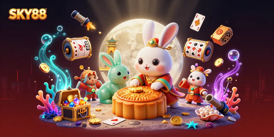 Experience SKY88's vibrant slots scene with a moon rabbit and poker chips in action.