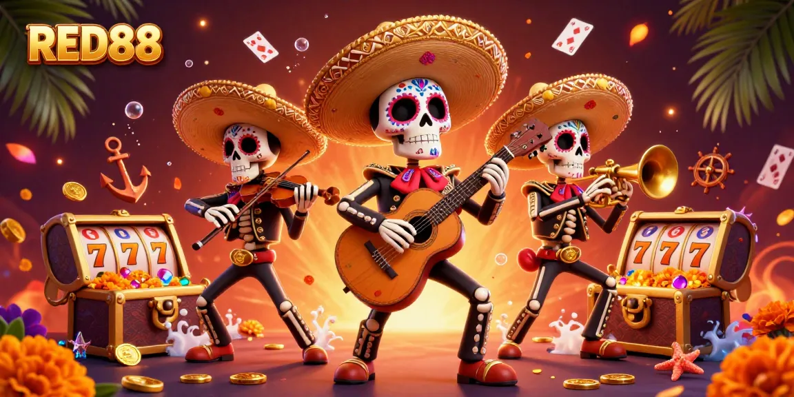 Play exciting slots at RED88 with vibrant mariachi characters amidst treasures and casino symbols.