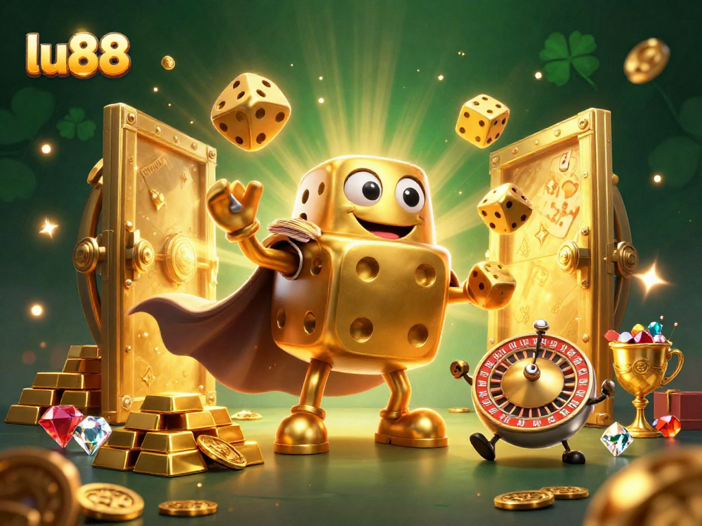 Win big with lu88! Enjoy a vibrant 3D scene of golden dice and casino treasures.