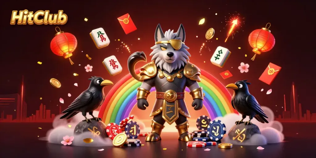HitClub showcases an epic gaming scene with a wolf, ravens, and casino elements, highlighting vibrant gaming culture.