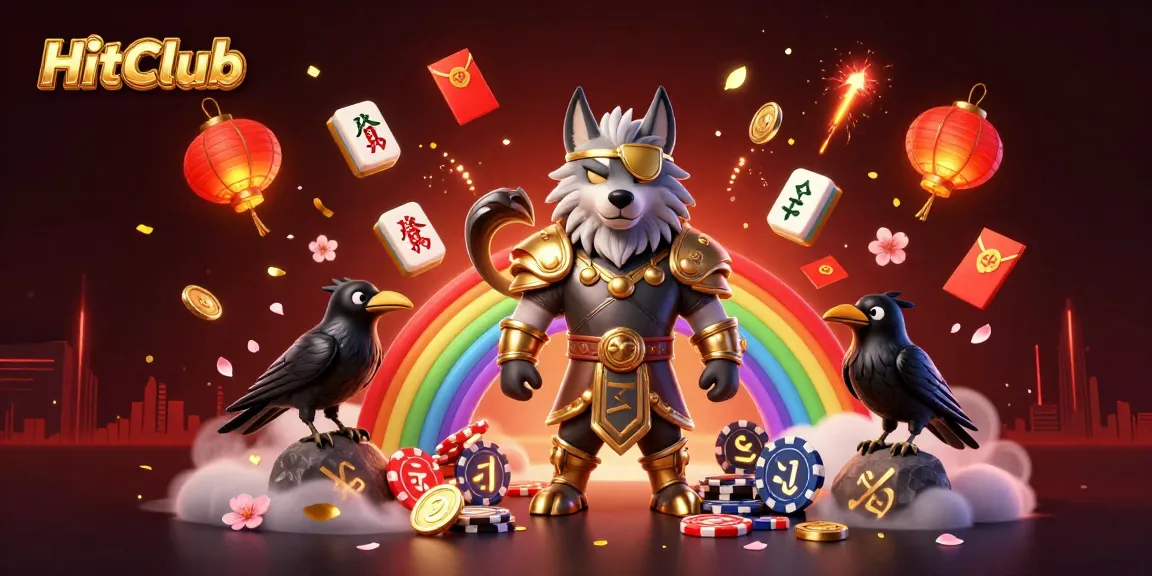 HitClub showcases an epic gaming scene with a wolf, ravens, and casino elements, highlighting vibrant gaming culture.