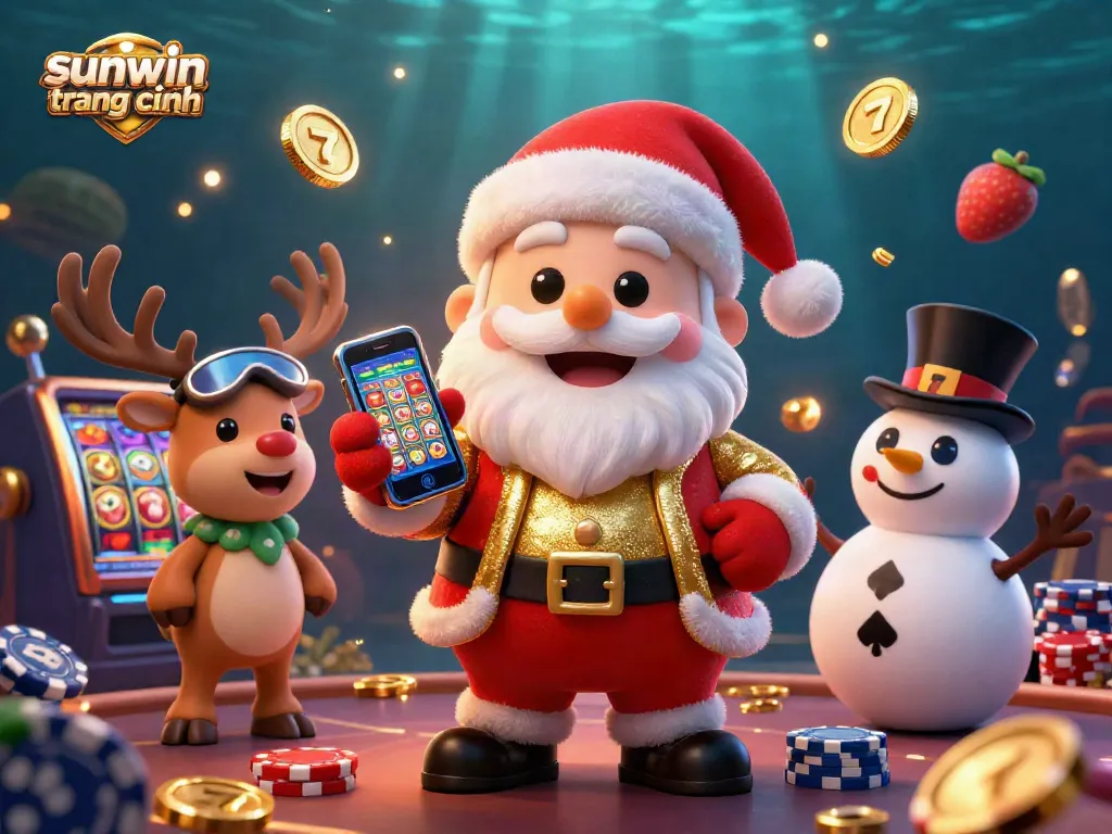 Experience the excitement of sunwin trang chính with Santa Claus, his reindeer dealer, and a poker chip snowman.