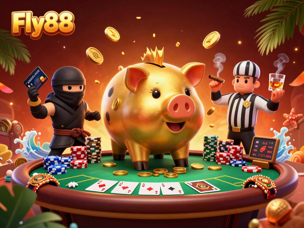 Experience dynamic gambling action featuring Fly88 in a vibrant 3D casino illustration.