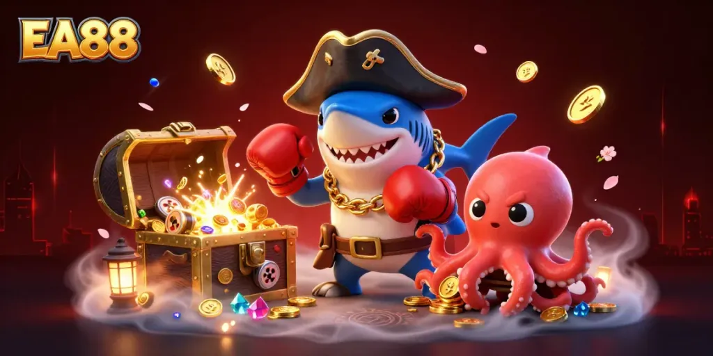 Join the fun with EA88, a lively scene featuring a pirate shark, boxing pufferfish, and a treasure-holding octopus.