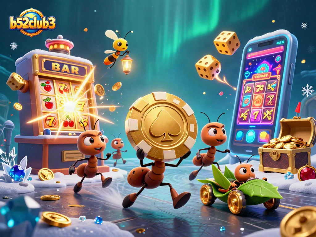 Experience the excitement of b52club3 with a heist-themed casino illustration featuring ants, golden poker chips, and dynamic game elements.