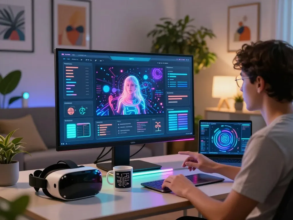 Explore the futuristic workspace where juicy ai enhances creativity with advanced tools and immersive interfaces.