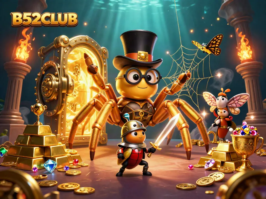 B52CLUB showcases a vibrant gambling-themed illustration with characters and treasures.