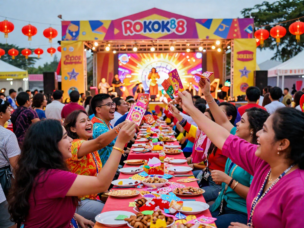 Participants enjoying the ROKOK88 slot Angpao event surrounded by festive decorations.