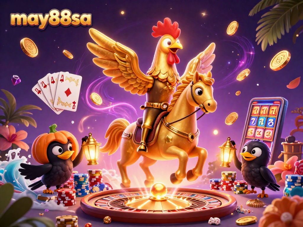 Experience may88sa's thrilling midnight casino with golden rooster and rich gaming visuals.