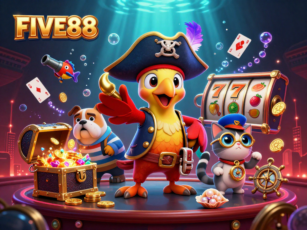Engage with the excitement at FIVE88 featuring a pirate captain, bulldog, and cat with dynamic casino elements.