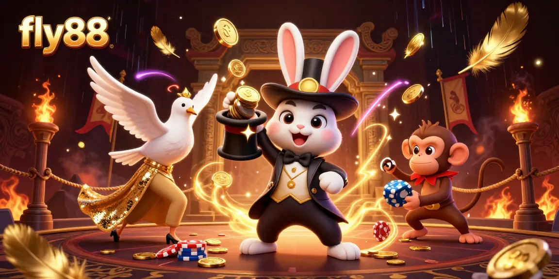 Experience thrilling moments at fly88 with a magician pulling coins, a dove, and a monkey amidst vibrant casino elements.