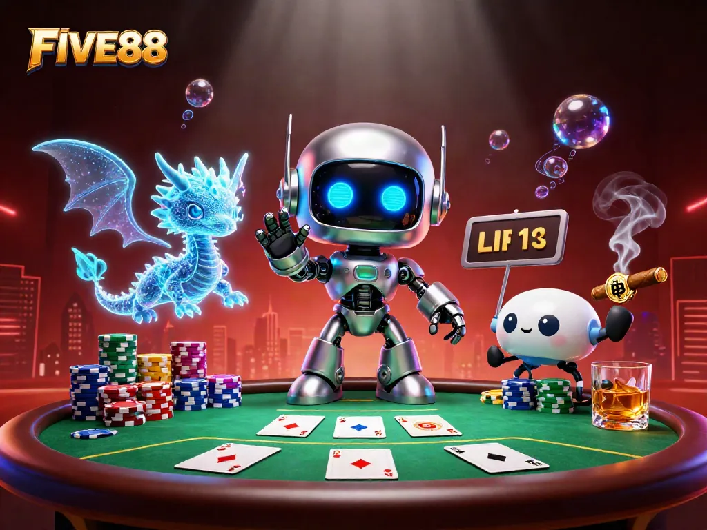 Experience the excitement of FIVE88 with an energetic 3D illustration showcasing poker and casino elements.