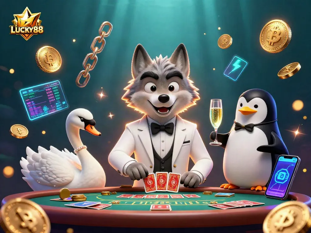 LUCKY88 showcases thrilling baccarat with a wolf dealer, swan card dealer, and penguin sommelier.
