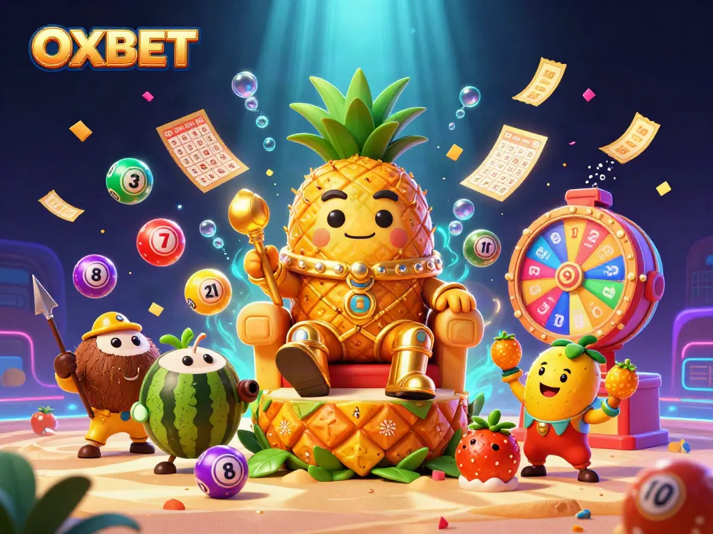 Experience OXBET's vibrant gaming world with a golden pineapple king and dynamic lottery elements.