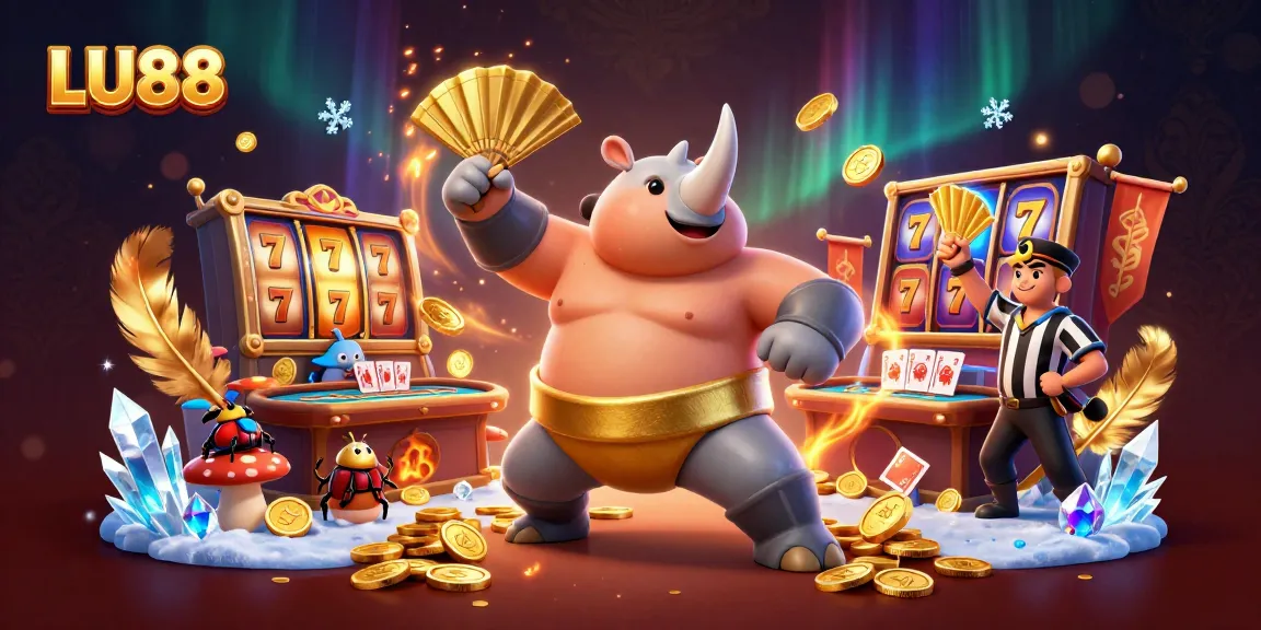 Experience the thrill of LU88 casino gaming with a vibrant scene displaying sumo beetles and slot machines.