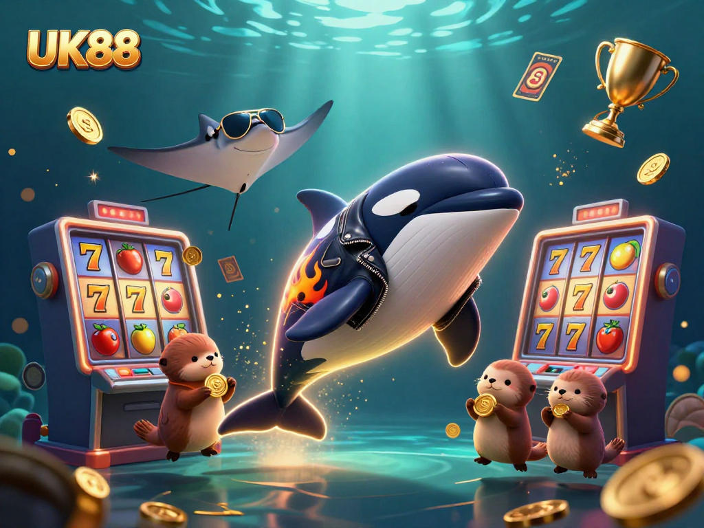 Engage with UK88's vibrant underwater casino scene featuring a dynamic orca, stingray, and otters amidst golden coins.