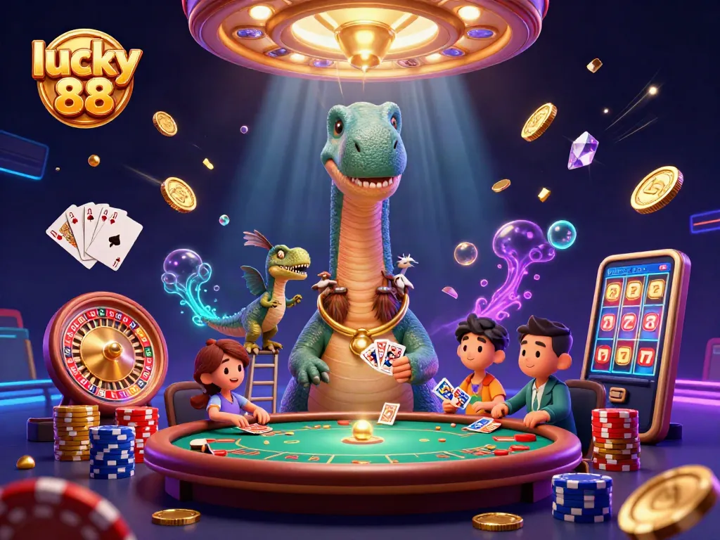 Experience thrilling gameplay with Lucky 88 illustrations, including a giant brontosaurus managing a poker table.