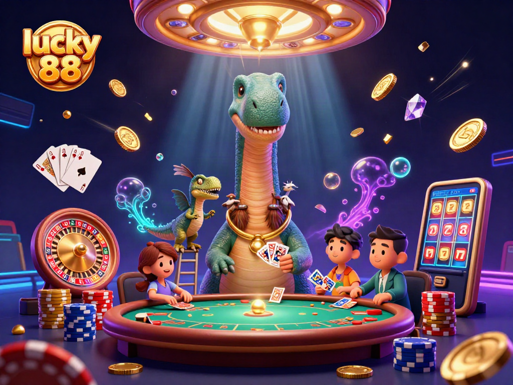 Experience thrilling gameplay with Lucky 88 illustrations, including a giant brontosaurus managing a poker table.