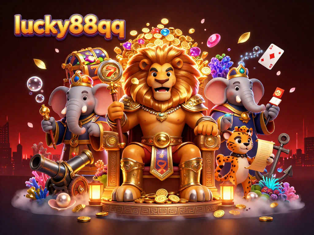 Engage with lucky88qq in a vibrant 3D illustration of a lion king, elephant advisor, and cheetah messenger in an exhilarating casino scene.