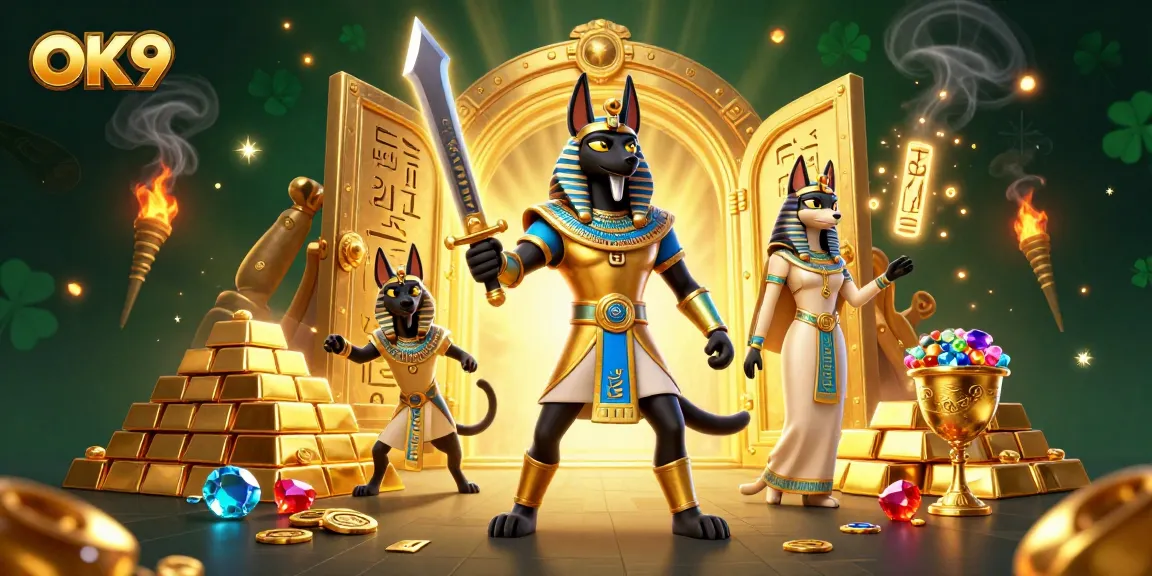 Engage with OK9's thrilling casino experience featuring Anubis and Bastet amidst golden treasures!