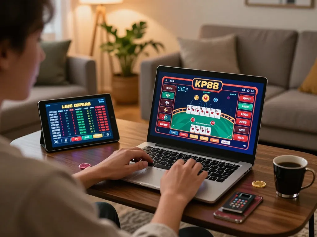 Engaging gameplay on KP88 casino platform with player using laptop in cozy home setting.