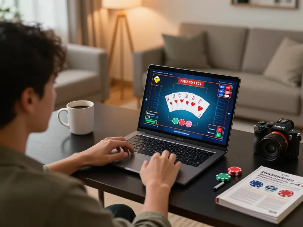 KJC player strategizing during an online poker session at home, showcasing a vibrant gaming interface.