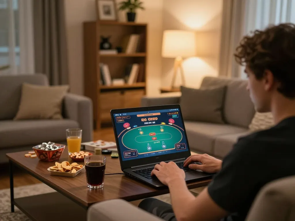 Engaged player using laptop for online casino gaming at home, showcasing bj88bj gaming setup in a cozy environment.