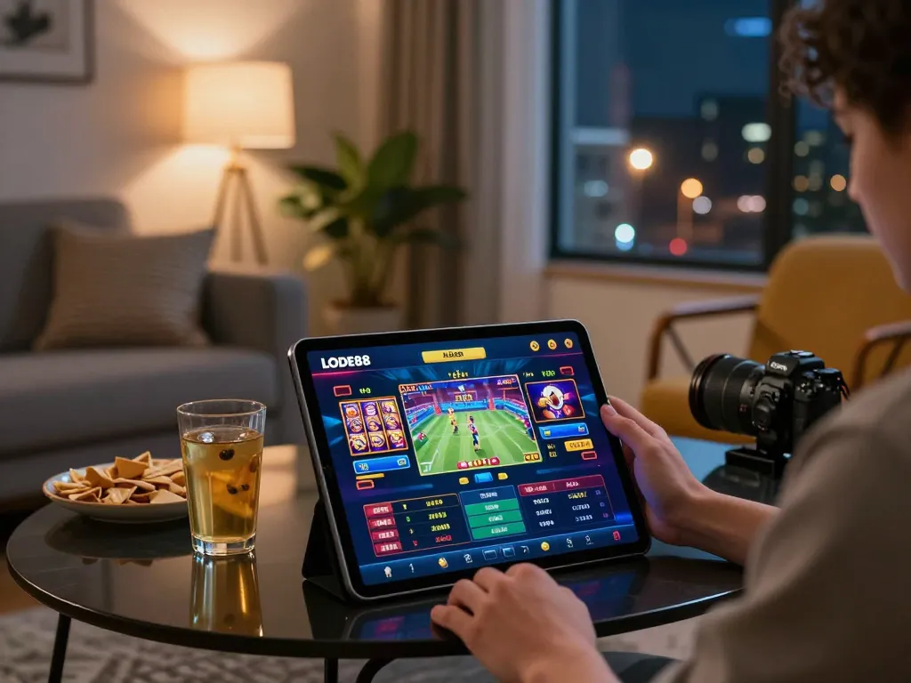 Engaging with LODE88 betting platform in cozy home environment, showcasing vibrant gaming atmosphere.