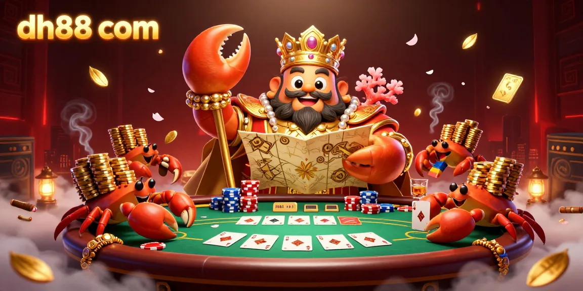 Engage with thrilling action at dh88 com, showcasing a golden crab emperor and chips in a bustling casino scene.