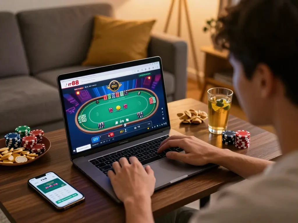 Engaged player experiencing rr88 online poker gaming at home with vibrant atmosphere